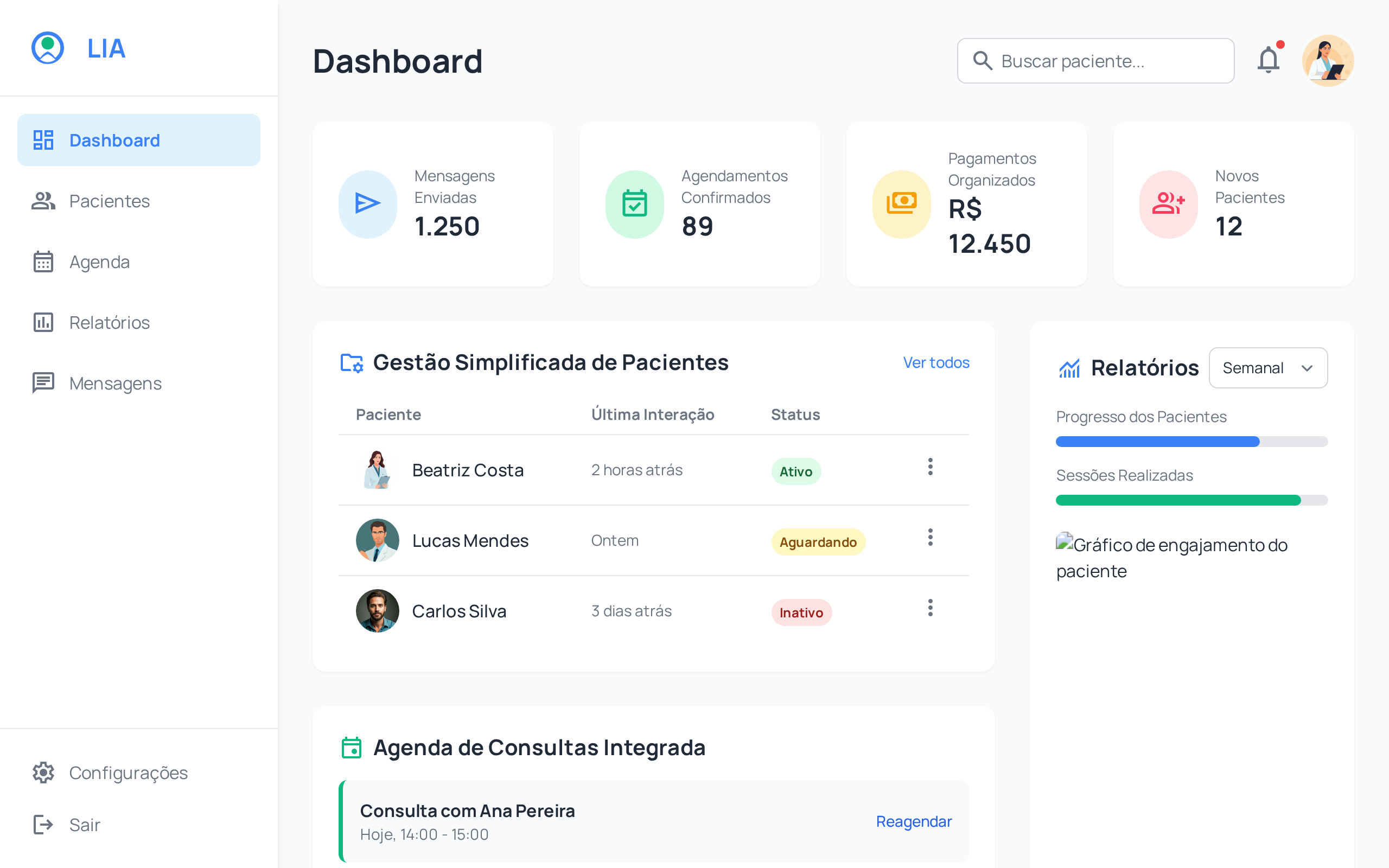 Interface da LIA em português mostrando a organização de pacientes e agenda de consultas